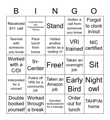 VRS Staff Meeting Bingo Card