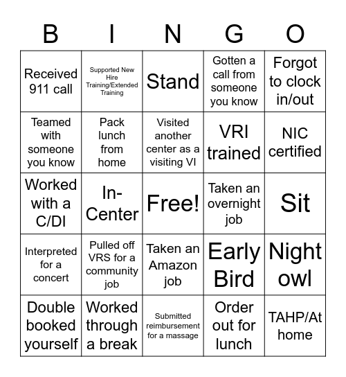 VRS Staff Meeting Bingo Card