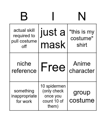 Costume Bingo Card