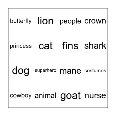 Animal Costumes Bingo Card