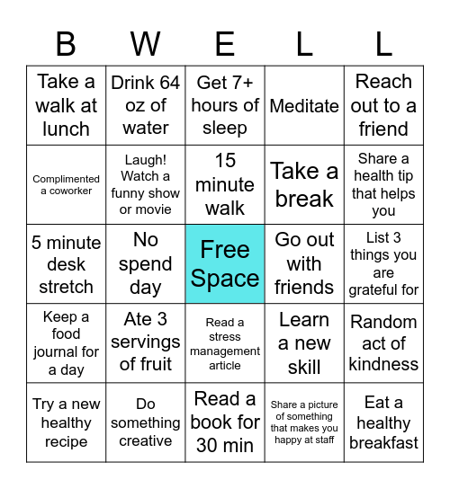 Team Senate Wellbeing Bingo Card