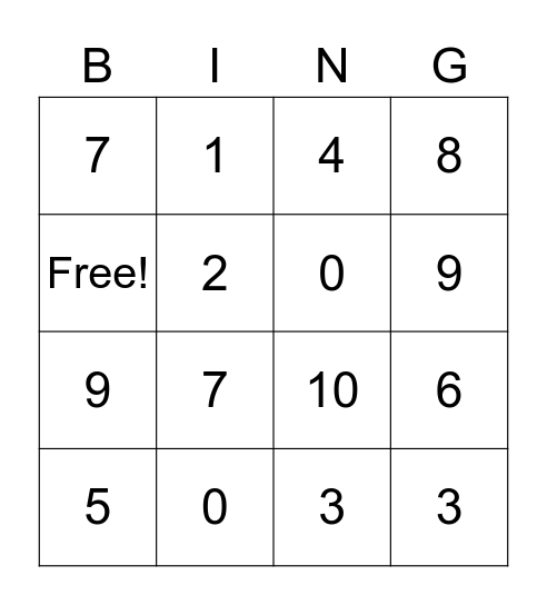 0 - 10 Bingo Card