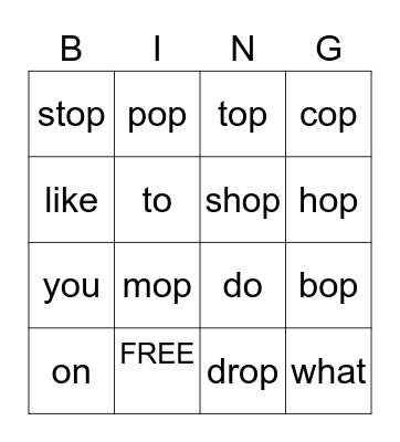 op word family and sight words Bingo Card