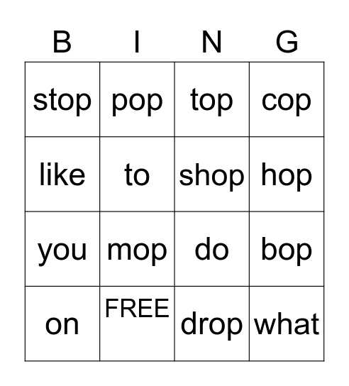 op word family and sight words Bingo Card