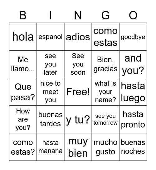 Spanish Greetings Bingo Card