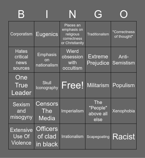 Facism Bingo Card