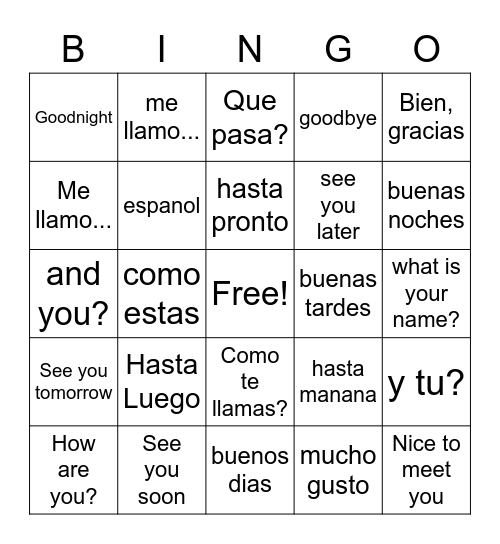 Spanish Greetings Bingo Card