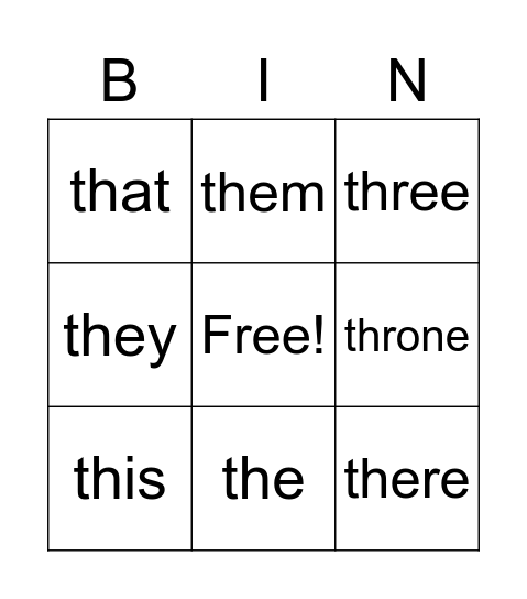 "TH" Words Bingo Card