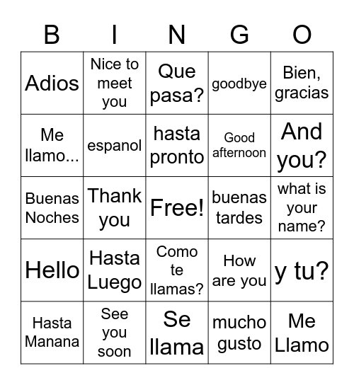 Spanish Greetings Bingo Card