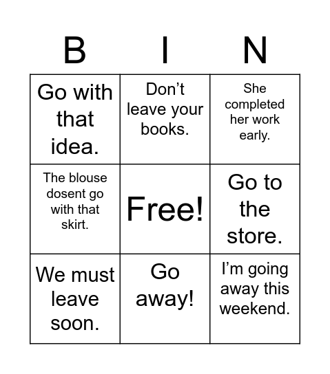 Multiple Meanings Bingo Card
