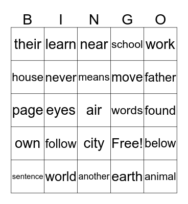 Sight words Bingo Card