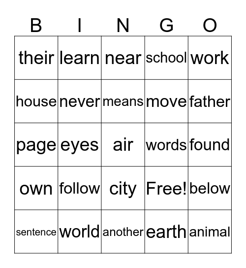 Sight words Bingo Card