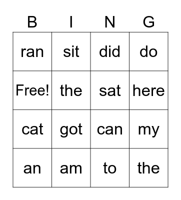 SNAP WORDS Bingo Card