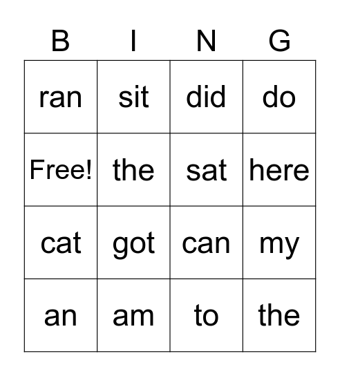 SNAP WORDS Bingo Card