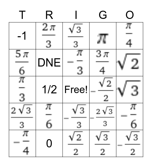 Precalculus Bingo Card