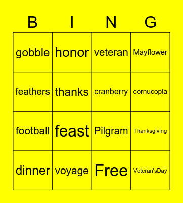 November Vocabulary Words Bingo Card