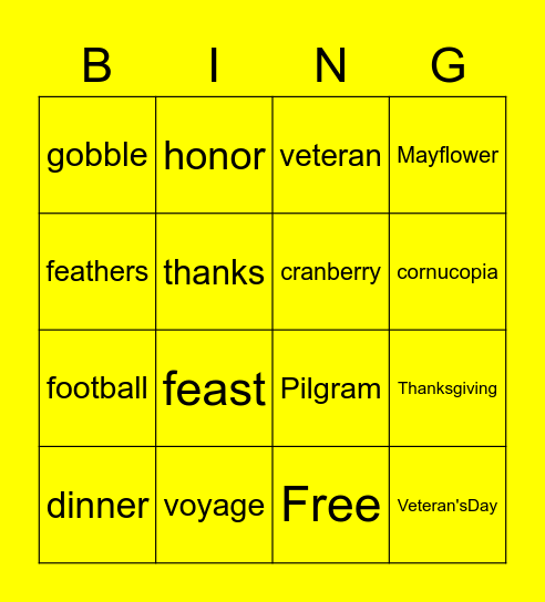 November Vocabulary Words Bingo Card