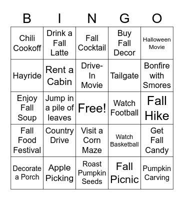 Fall Activities Bingo Card