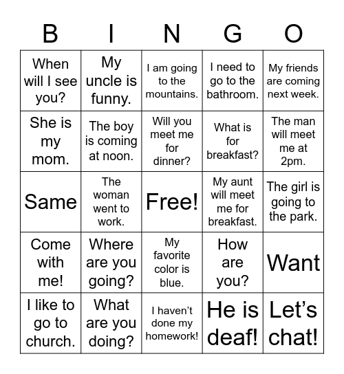 Sentences to sign Bingo Card