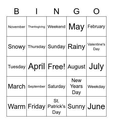 Calendar Bingo! Bingo Card