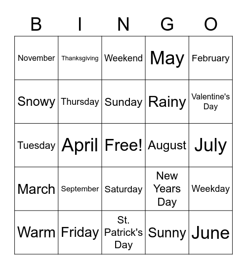 Calendar Bingo! Bingo Card