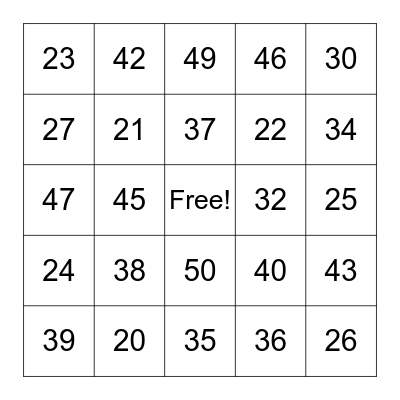 Number Bingo Card