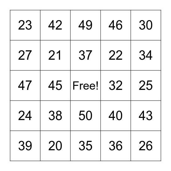Number Bingo Card