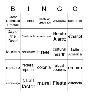 World Cultures Definitions Bingo Card