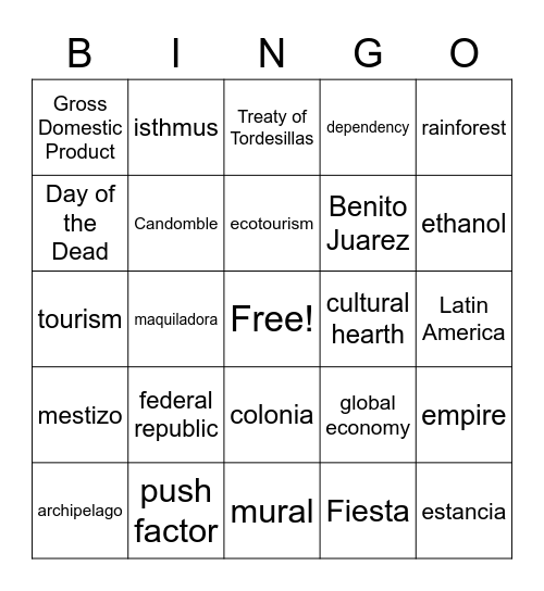 World Cultures Definitions Bingo Card