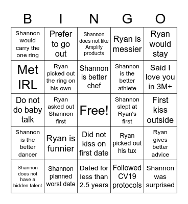 Shannon & Ryan's Love Bingo Card