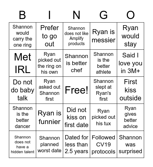 Shannon & Ryan's Love Bingo Card