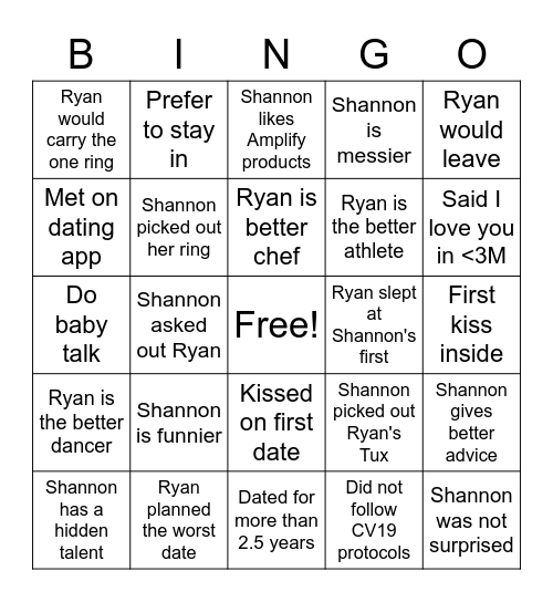 Ryan & Shannon's Love Bingo Card