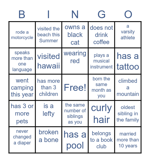 Find a person who satisfies each block’s statement. Write their name in the bingo block. When you fill your entire card, yell Bingo! Bingo Card