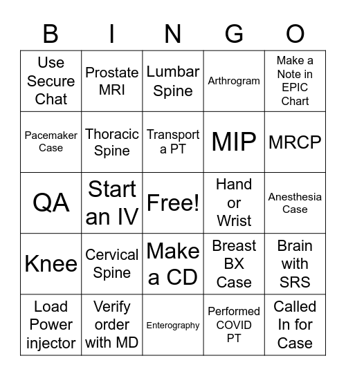 MRI Bingo Card