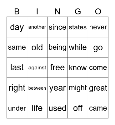 Automatic Word List Bingo Card