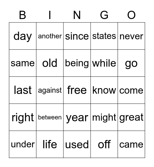 Automatic Word List Bingo Card