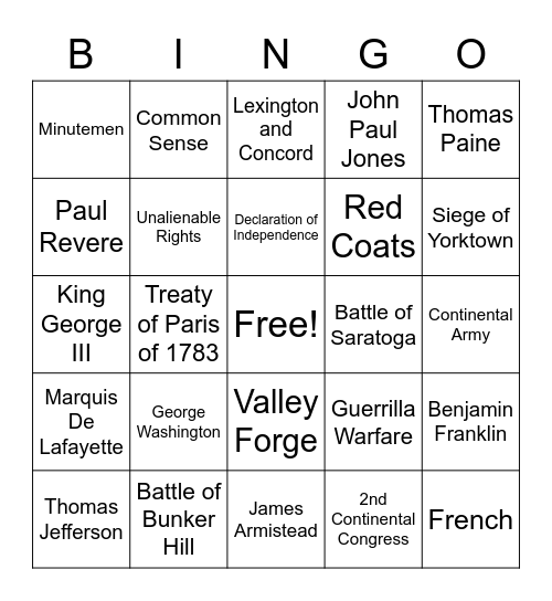 American Revolution Bingo Card