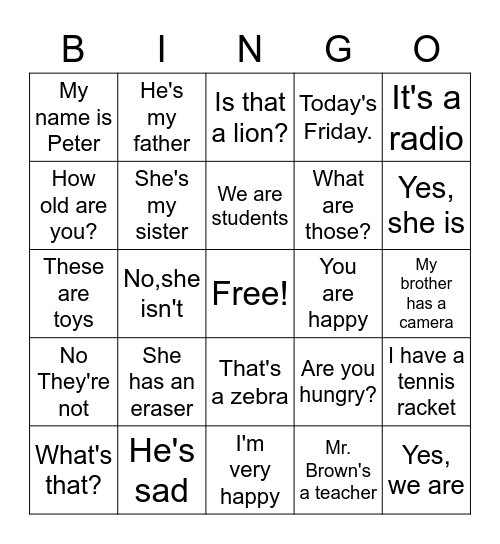 English Bingo Card