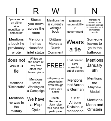 American Congress Bingo Card