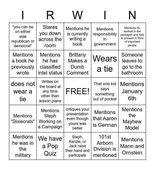 American Congress Bingo Card