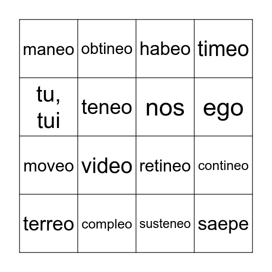 Latin Bingo Card