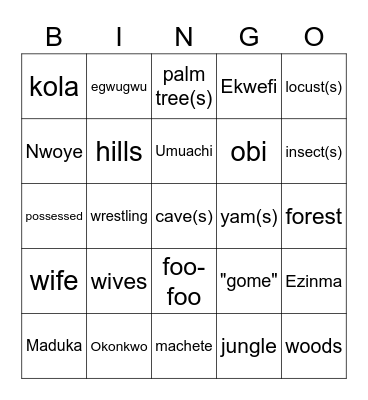 "Things Fall Apart" Bingo Card