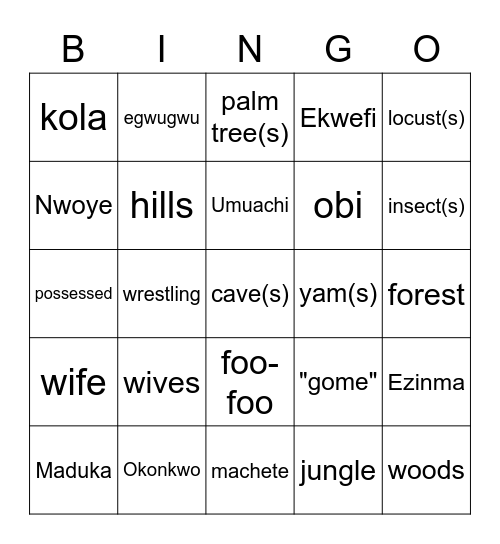 "Things Fall Apart" Bingo Card