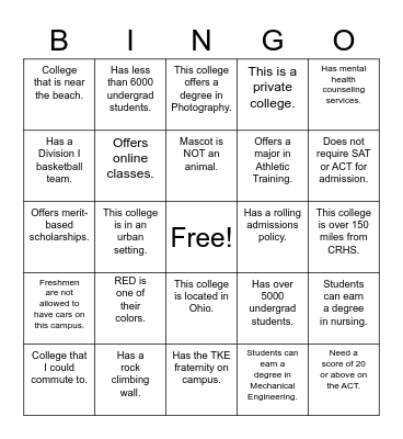 UMES College Fair Bingo Card