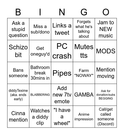 Diddysauce Bingo Card