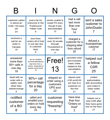 FS CSR Bingo Card