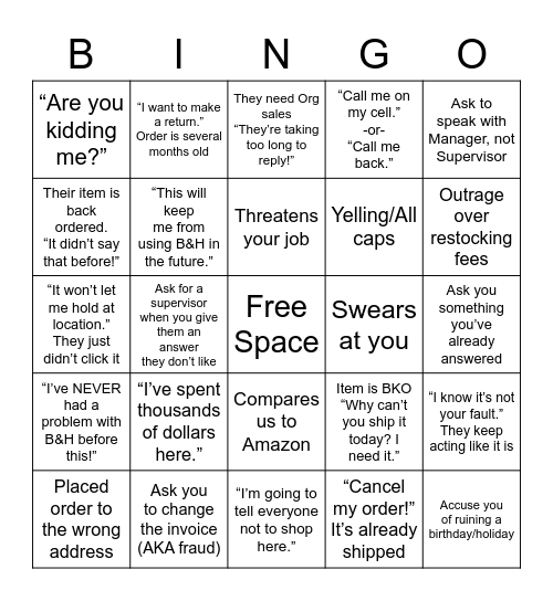 Customer Bingo Card