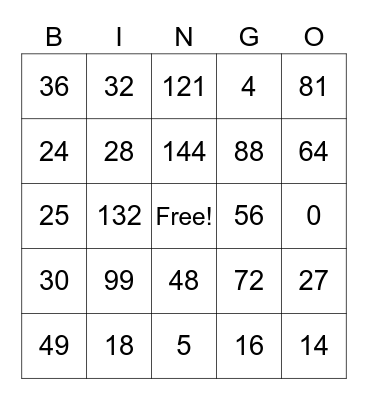 Multiplication Bingo Card