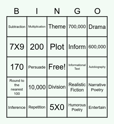 Paige Elementary Bingo Card