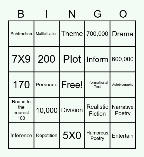 Paige Elementary Bingo Card